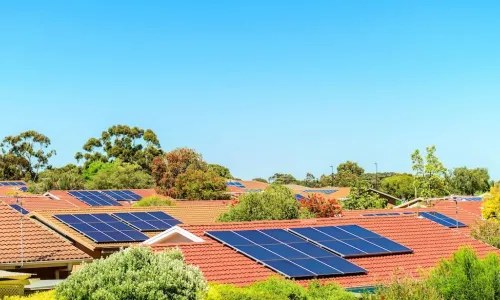 solar panels on roofs of neighborhood homes on sunny day