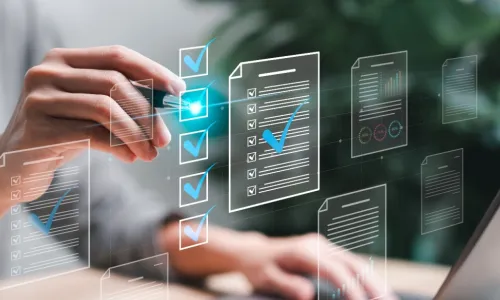 Businesswoman checks electronic documents on digital documents on virtual screen