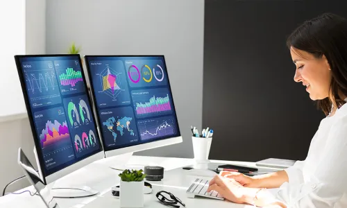 woman looking at Analytics on her computer monitor