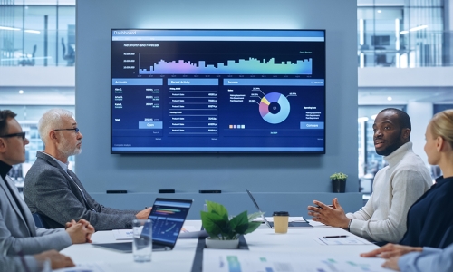 board members sitting and viewing large computer screen of graphs