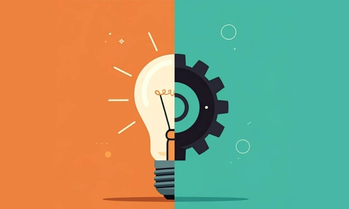 left side lightbulb - right side cog - representing the thought of put your ideas into motion