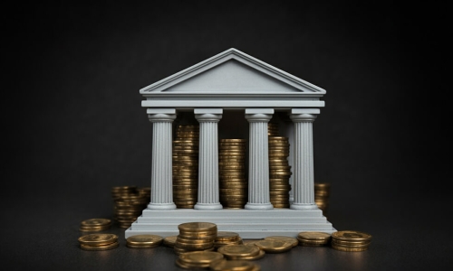 columned entryway with coins stacked up between columns