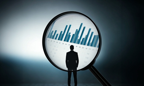 silhouette of a man standing in front of a magnifying glass looking at chart graph