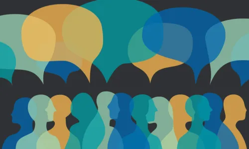 silhouette of a crowd of people with speaking bubbles over their heads