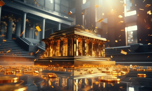 golden clock on floor with gold bars falling from the sky