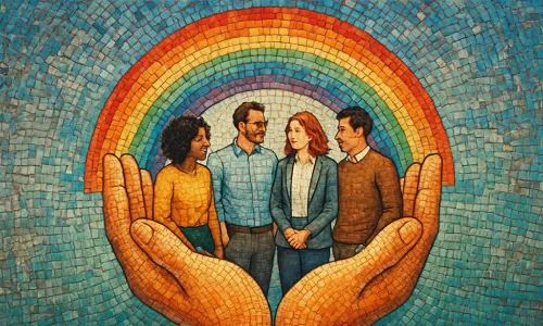 mosiac of people sitting in open hands under a rainbox