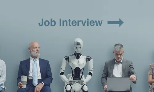 robot sitting in line for job interview