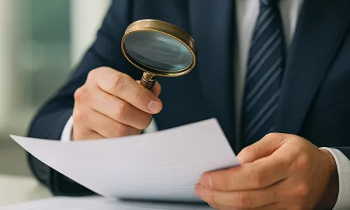 man reading document with a magnifying glass