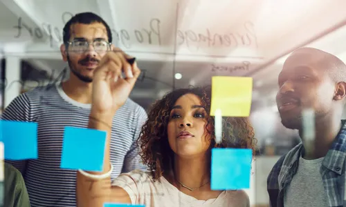 team using window as whiteboard