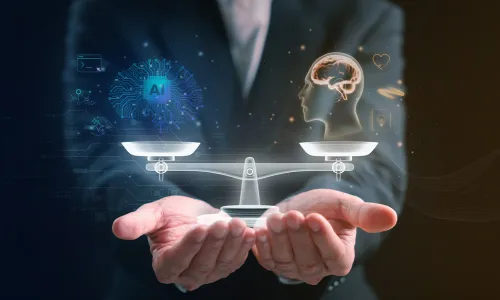 Scales showing AI and a person balanced 